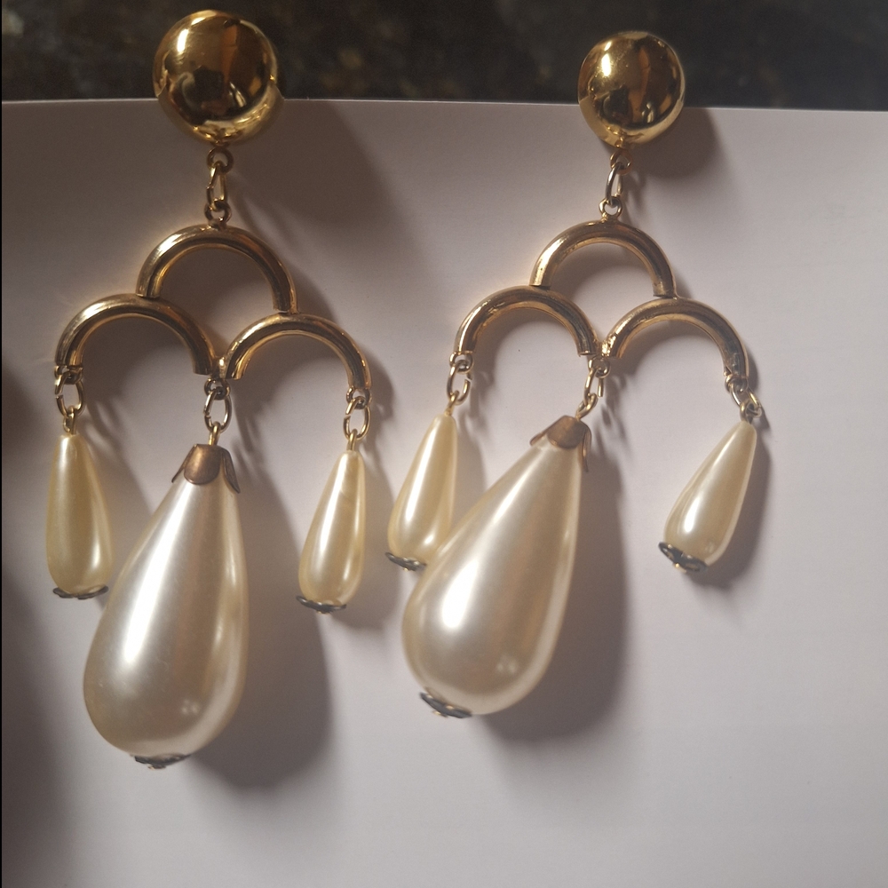 Gold and Pearl Teardrop Chandelier Earrings